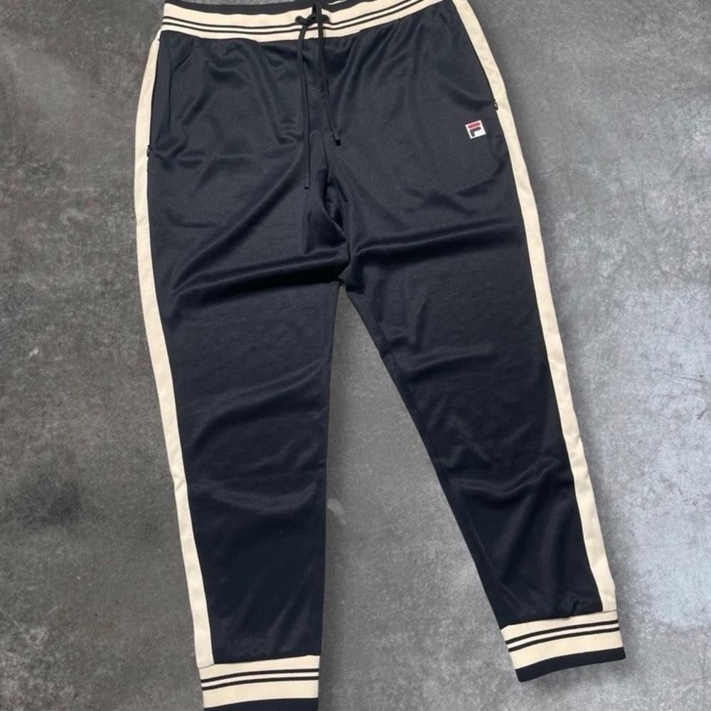 FILA Mens Track Pants Black Athletic Striped Ankle Zip Casual Joggers Size L